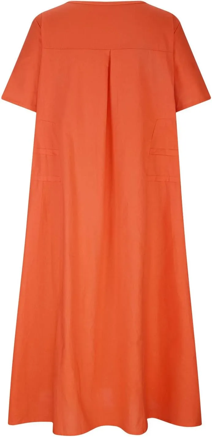Cotton Linen Dress for Women's Short Sleeve Casual Loose Shift Flowy Summer Midi Dresses Beach Sundresses with Pockets