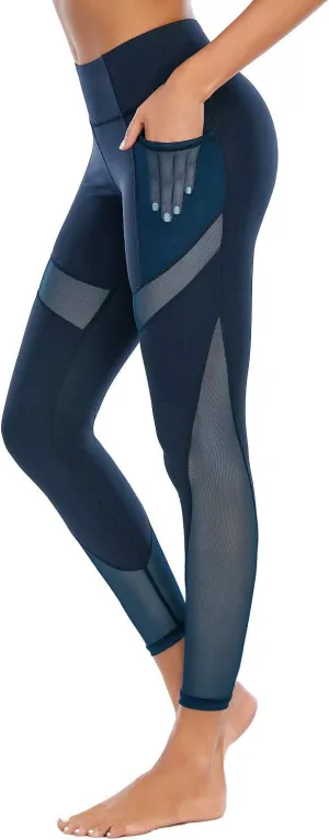 CSTOWN Women's High Waist Yoga Pants with Side Pockets Stretchy Mesh Insert Workout Leggings Tummy Control Yoga Tights