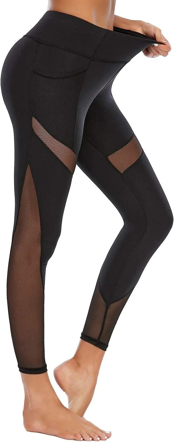 CSTOWN Women's High Waist Yoga Pants with Side Pockets Stretchy Mesh Insert Workout Leggings Tummy Control Yoga Tights