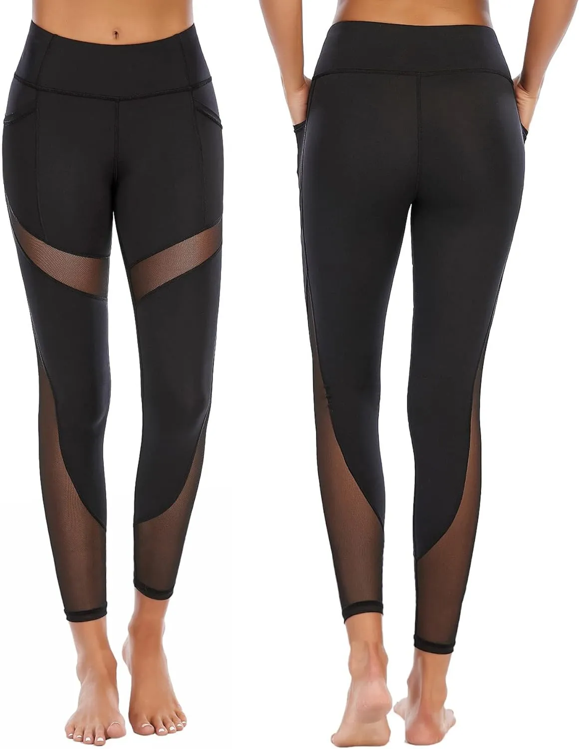 CSTOWN Women's High Waist Yoga Pants with Side Pockets Stretchy Mesh Insert Workout Leggings Tummy Control Yoga Tights