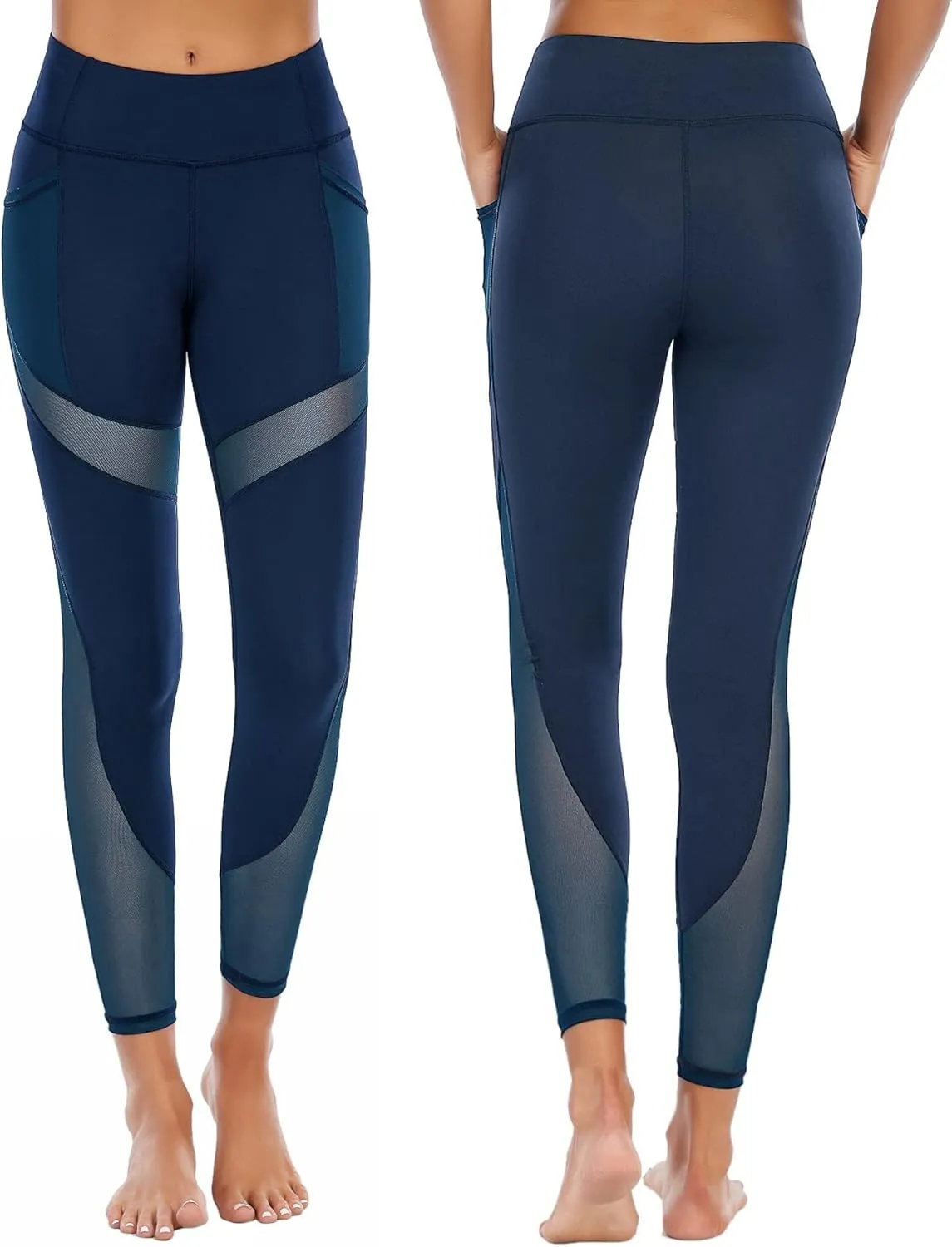 CSTOWN Women's High Waist Yoga Pants with Side Pockets Stretchy Mesh Insert Workout Leggings Tummy Control Yoga Tights