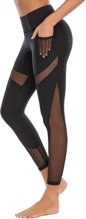 CSTOWN Women's High Waist Yoga Pants with Side Pockets Stretchy Mesh Insert Workout Leggings Tummy Control Yoga Tights