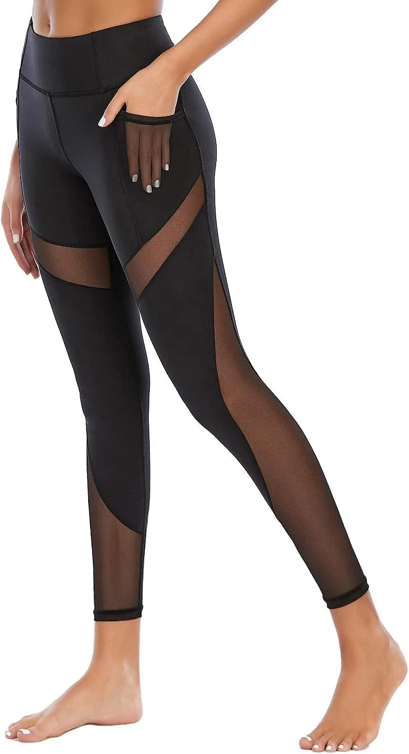 CSTOWN Women's High Waist Yoga Pants with Side Pockets Stretchy Mesh Insert Workout Leggings Tummy Control Yoga Tights