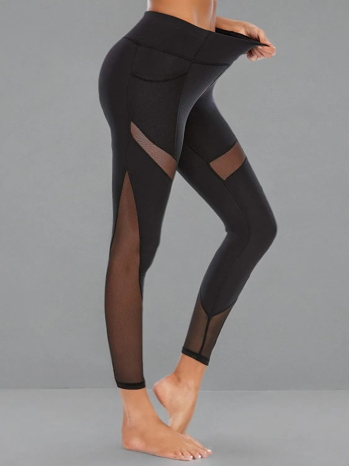 CSTOWN Women's High Waist Yoga Pants with Side Pockets Stretchy Mesh Insert Workout Leggings Tummy Control Yoga Tights
