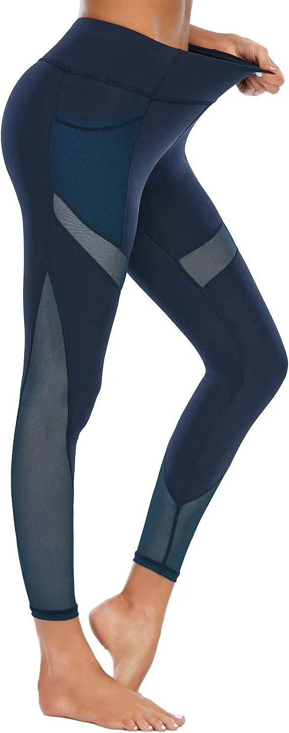 CSTOWN Women's High Waist Yoga Pants with Side Pockets Stretchy Mesh Insert Workout Leggings Tummy Control Yoga Tights