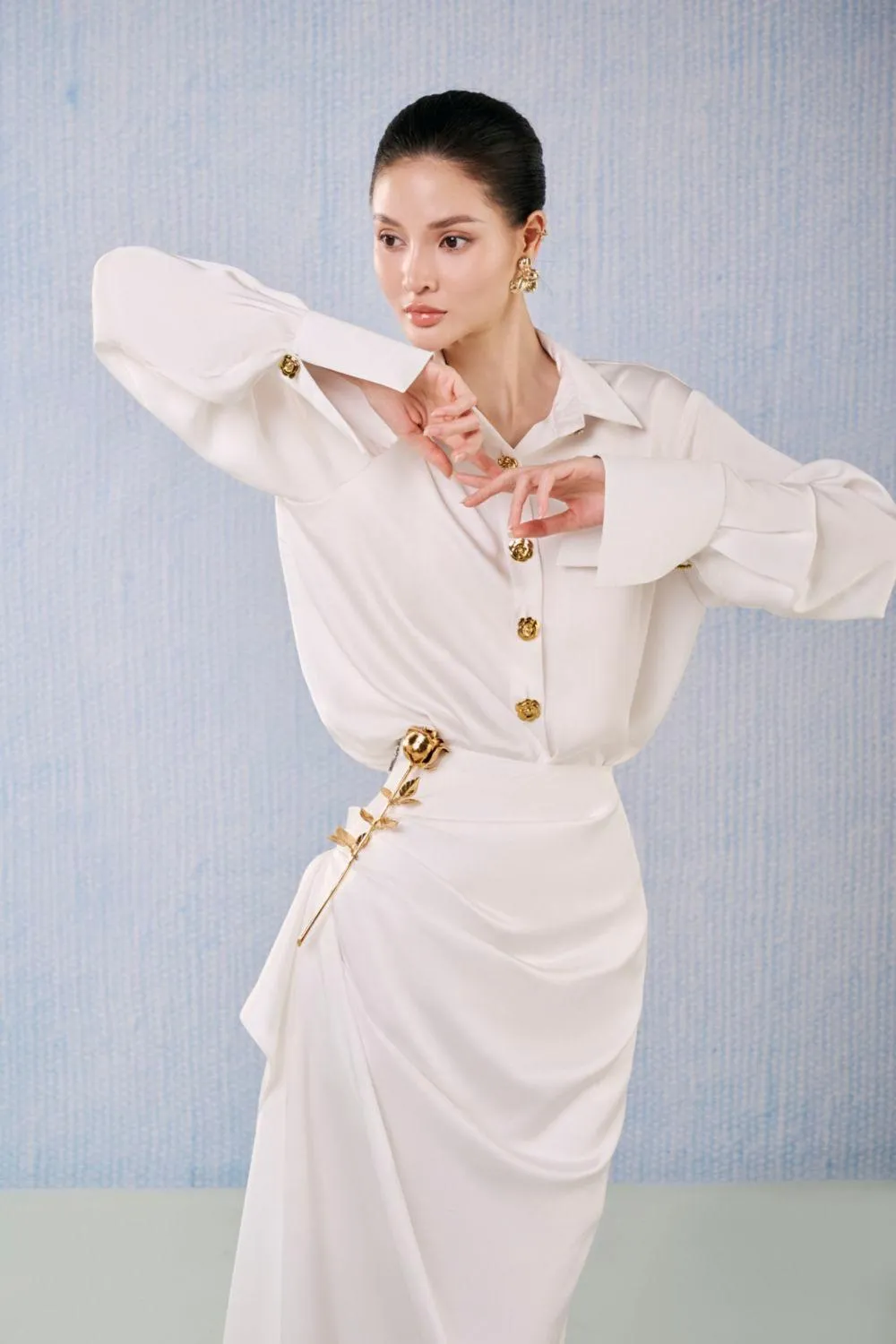 Diamond Wrap Poet Sleeved Silk Blend Floor Length Set