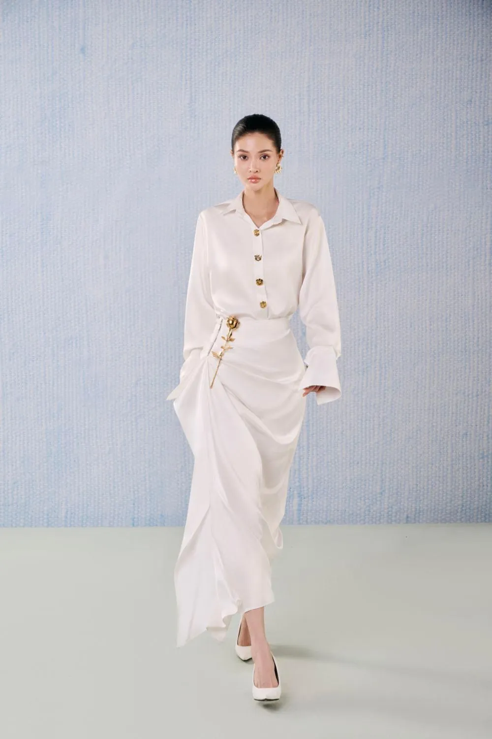 Diamond Wrap Poet Sleeved Silk Blend Floor Length Set