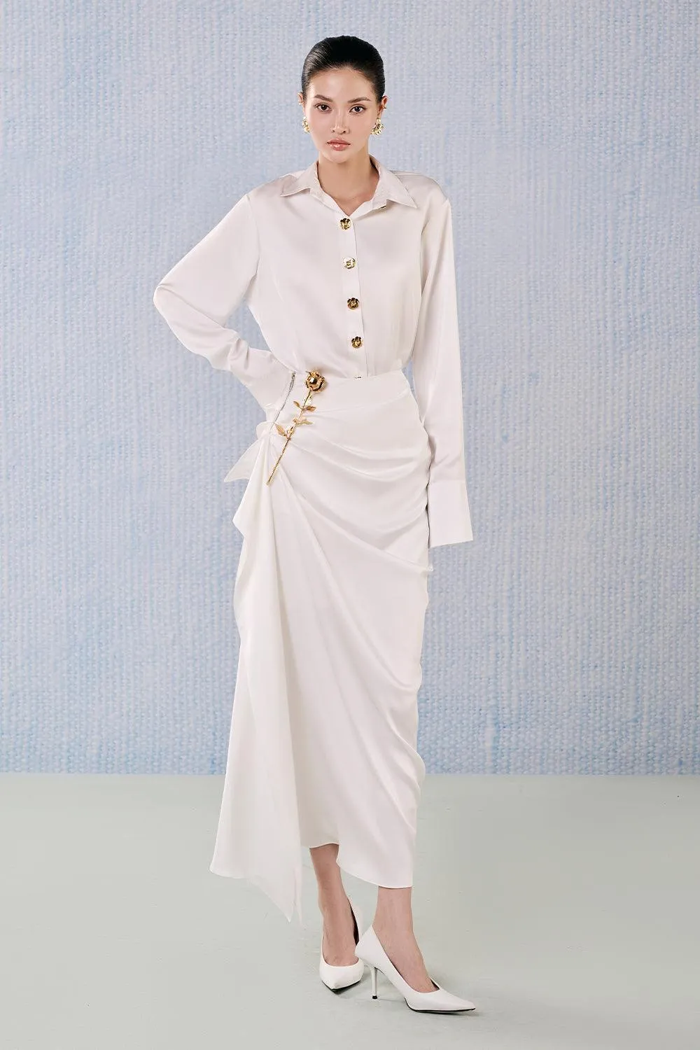 Diamond Wrap Poet Sleeved Silk Blend Floor Length Set