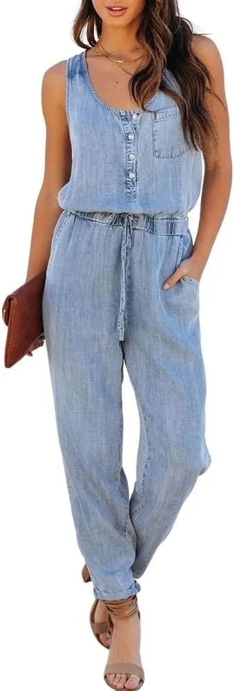 ebossy Women's Summer Sleeveless Tank Top Denim Rompers Drawstring Buttoned Long Pants Jumpsuit (Lightblue, L)