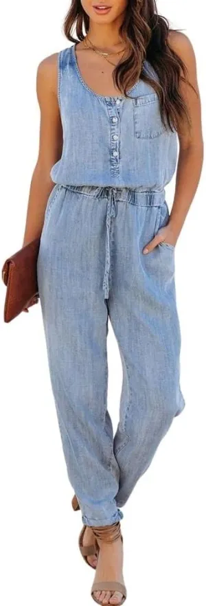 ebossy Women's Summer Sleeveless Tank Top Denim Rompers Drawstring Buttoned Long Pants Jumpsuit (Lightblue, L)