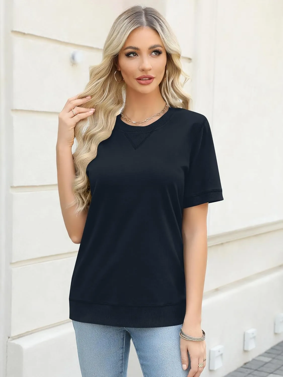 Elesomo Womens Short Sleeve Sweatshirts Cotton Casual Summer Tunic Sweat Shirt