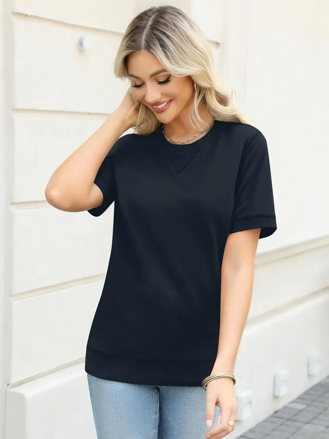 Elesomo Womens Short Sleeve Sweatshirts Cotton Casual Summer Tunic Sweat Shirt