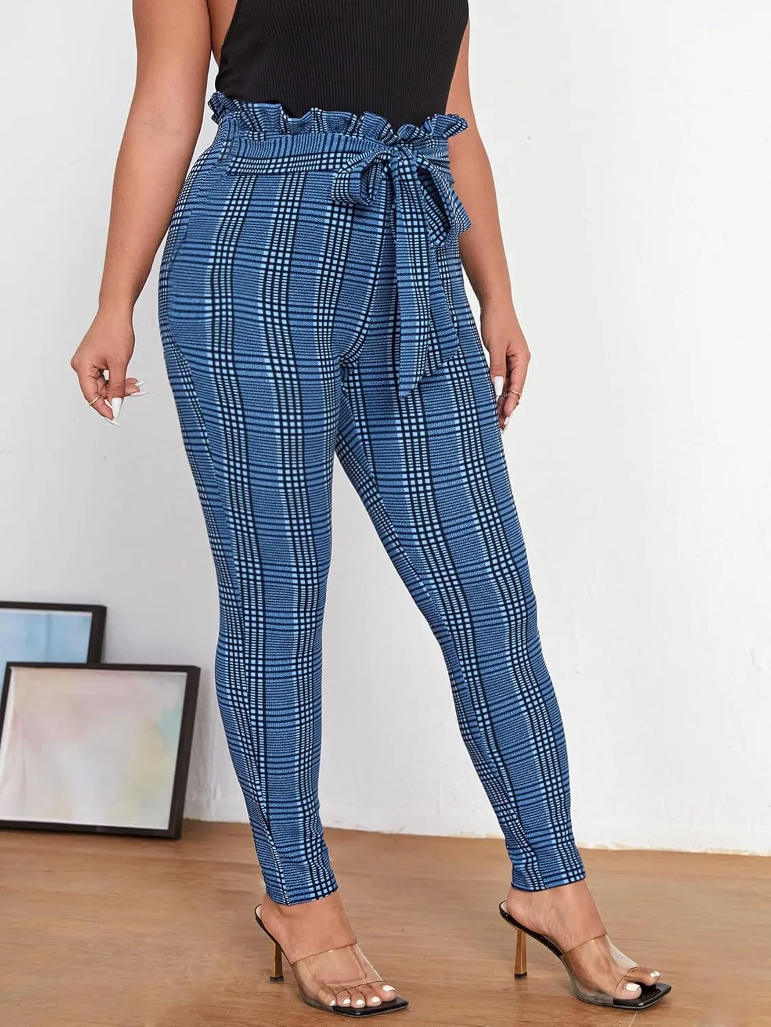 Floerns Women's High Waist Paper Bag Work Pants Stretchy Trouser with Belt