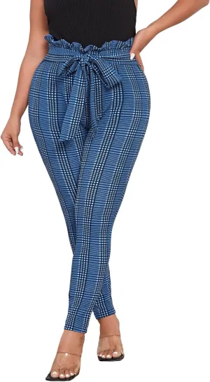 Floerns Women's High Waist Paper Bag Work Pants Stretchy Trouser with Belt