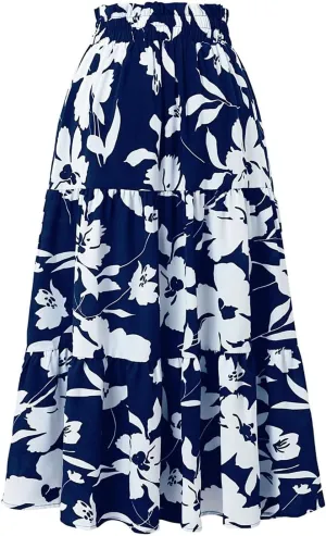 Floral Maxi Skirt for Women Summer High Waisted Comfy Tiered Elastic Skirts Vacation A-Line Flowy Swing Long Skirts