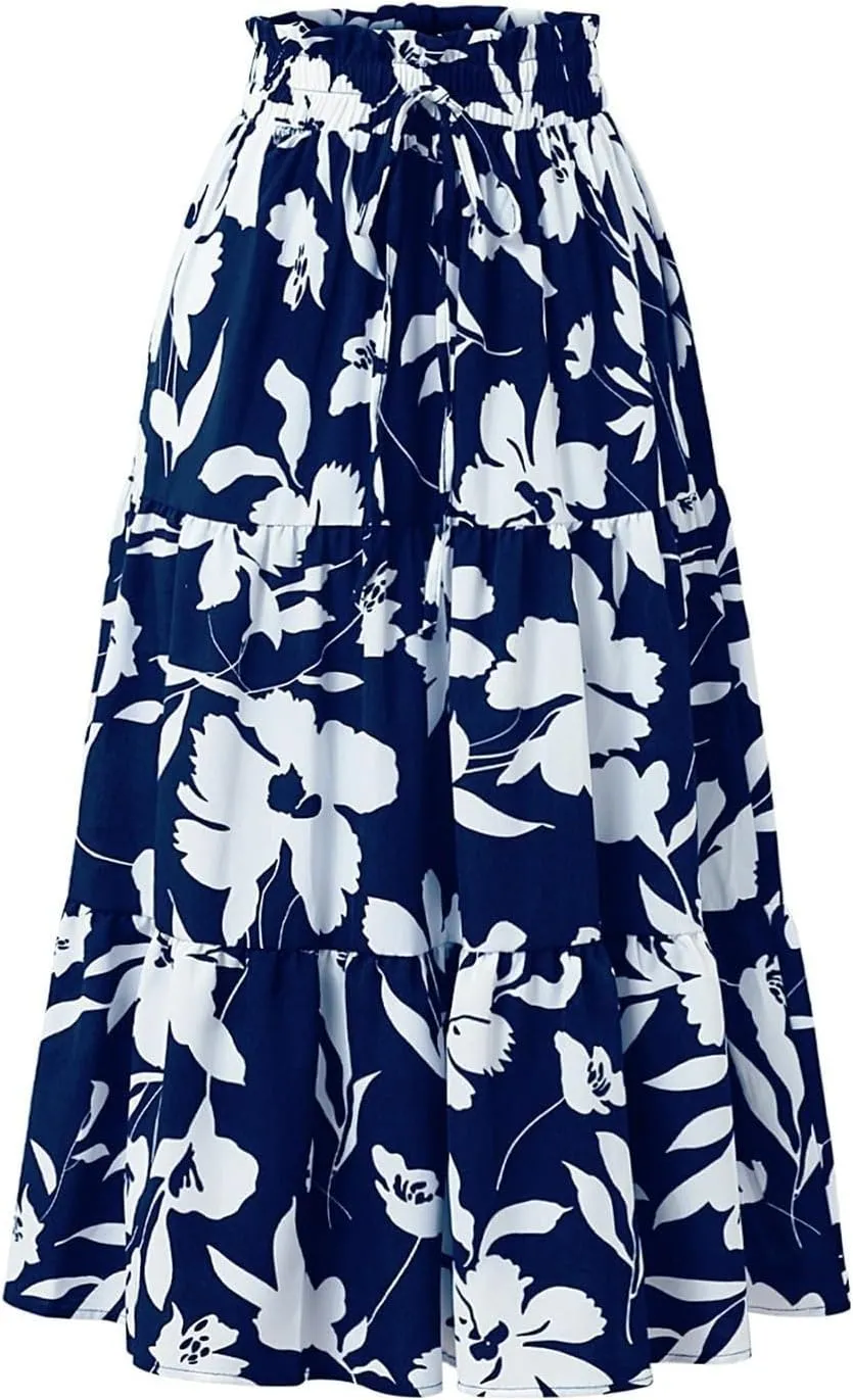 Floral Maxi Skirt for Women Summer High Waisted Comfy Tiered Elastic Skirts Vacation A-Line Flowy Swing Long Skirts