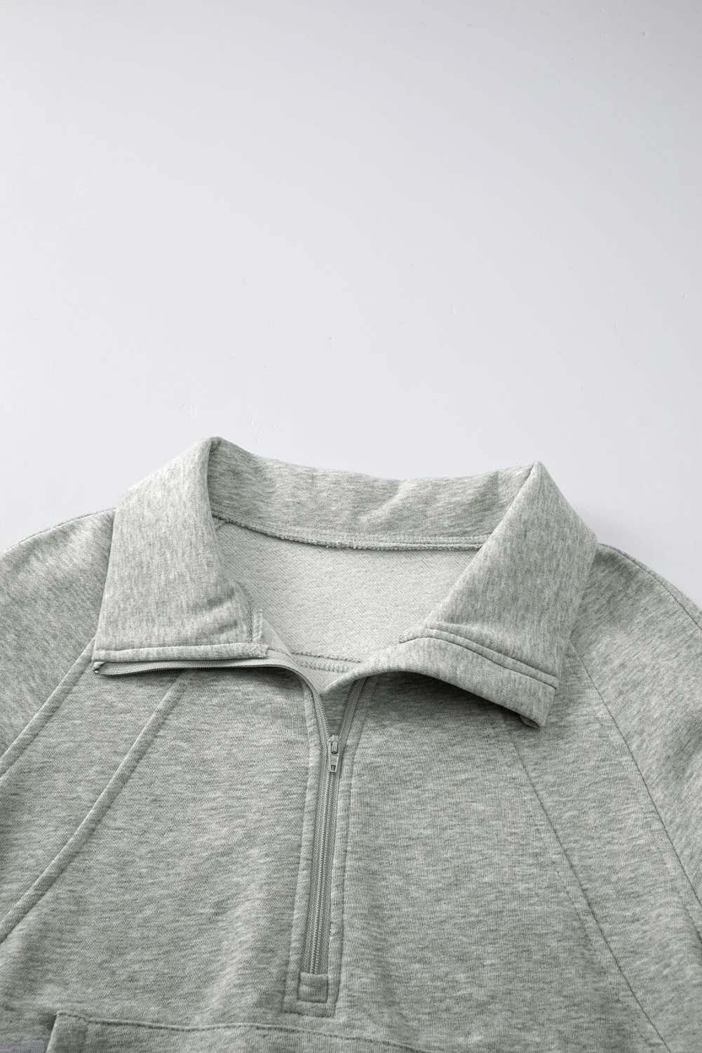 Gray Zip Up Stand Collar Ribbed Thumbhole Sleeve Sweatshirt