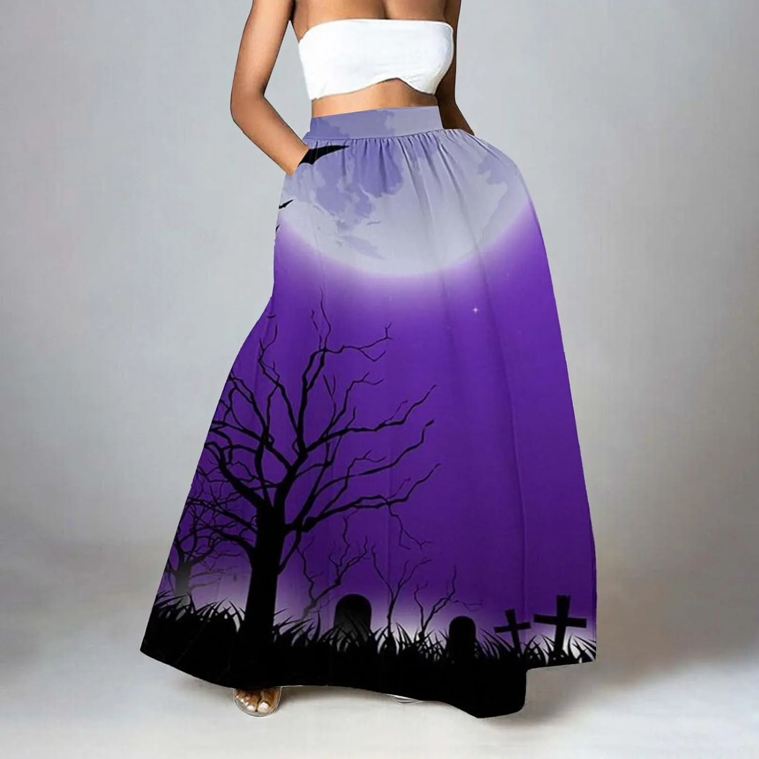 Halloween Tutu for Women High Waist Party Beach Pocket Long Maxi Skirt Halloween Party Hippie Clothes for Women