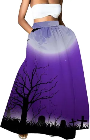 Halloween Tutu for Women High Waist Party Beach Pocket Long Maxi Skirt Halloween Party Hippie Clothes for Women