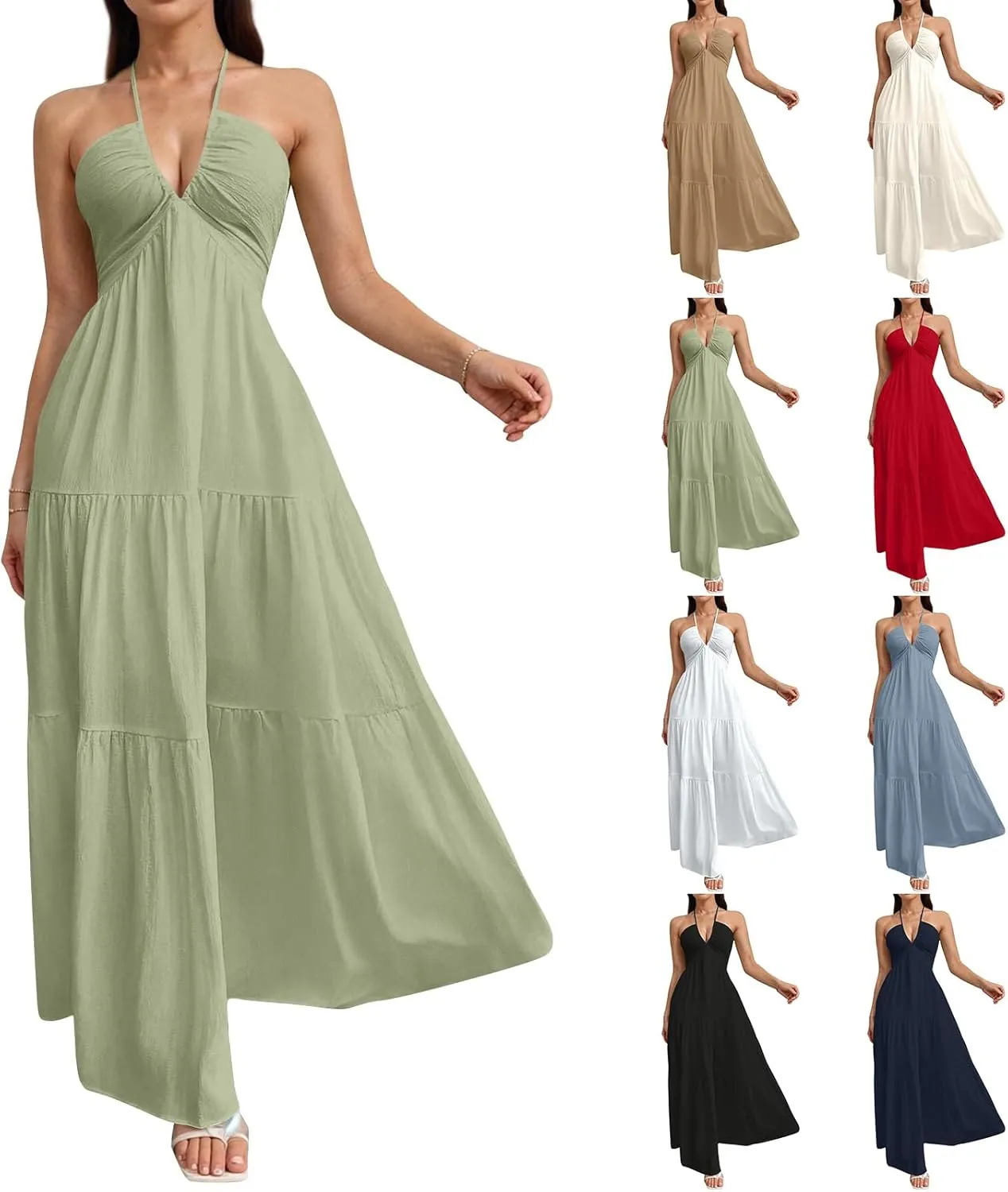 Halter Maxi Dresses for Women 2025 Elegant V Neck Spaghetti Strap Dress Casual Boho Tiered Hem a Line Corset Sundress