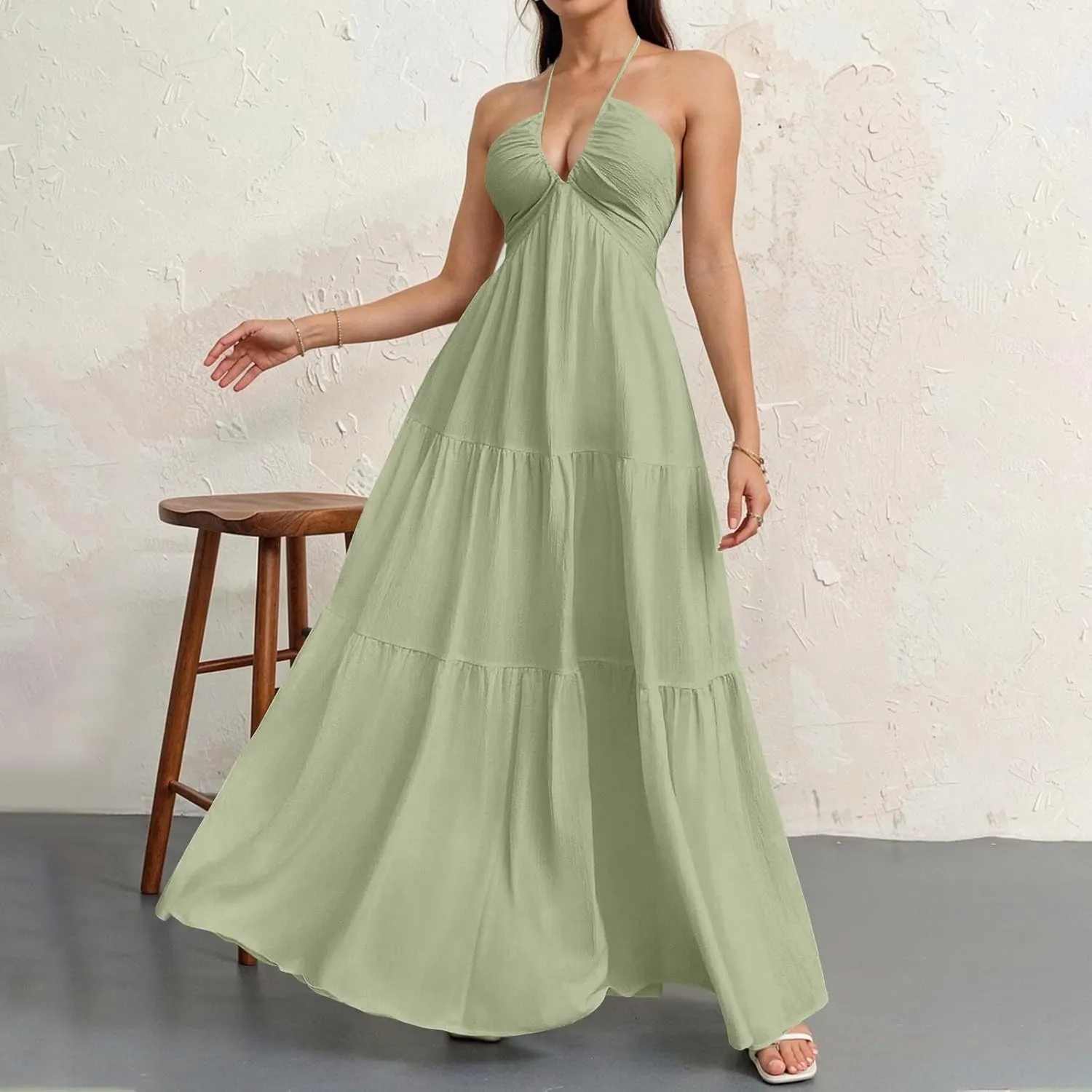 Halter Maxi Dresses for Women 2025 Elegant V Neck Spaghetti Strap Dress Casual Boho Tiered Hem a Line Corset Sundress