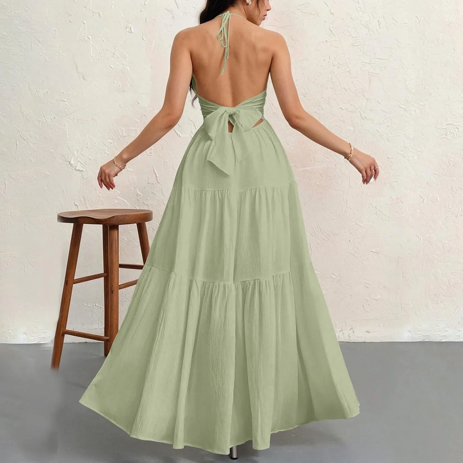 Halter Maxi Dresses for Women 2025 Elegant V Neck Spaghetti Strap Dress Casual Boho Tiered Hem a Line Corset Sundress