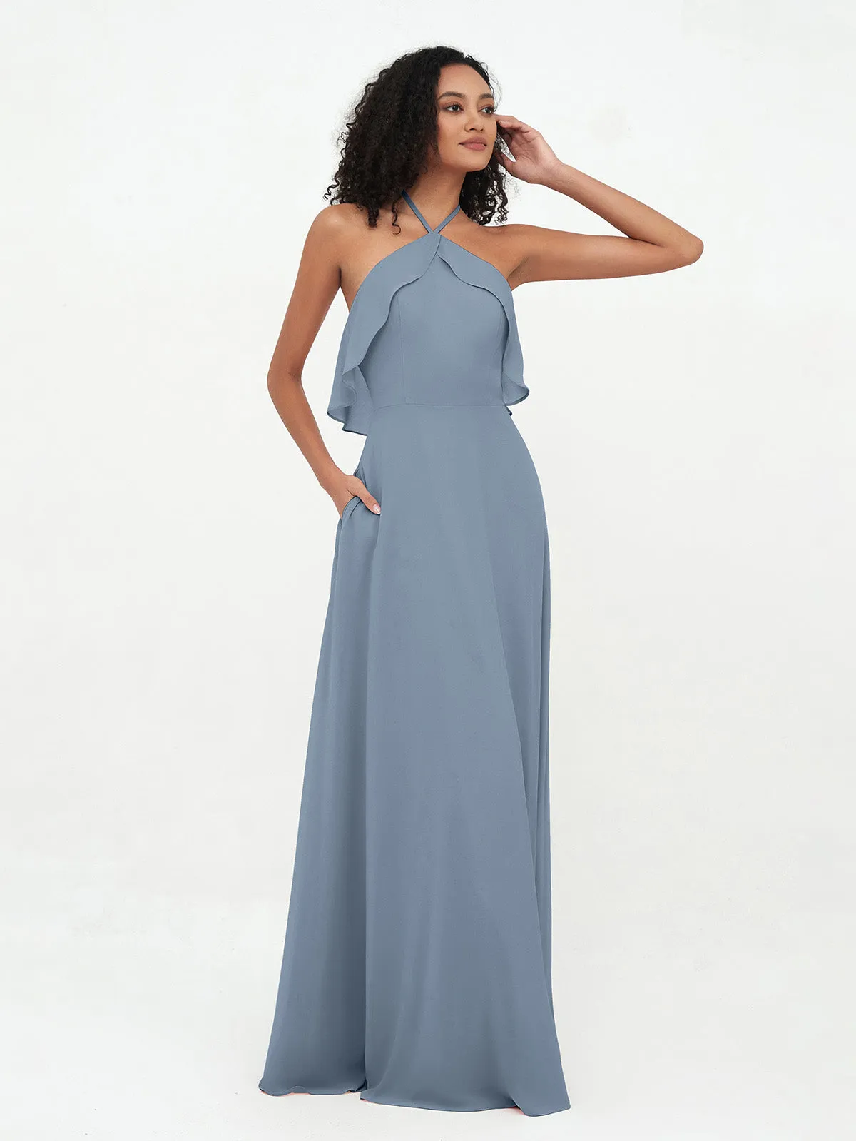 Halter Strap Chiffon Long Bridesmaid Dresses Dusty Blue