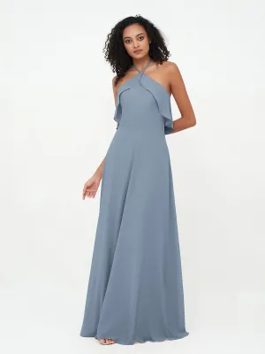 Halter Strap Chiffon Long Bridesmaid Dresses Dusty Blue