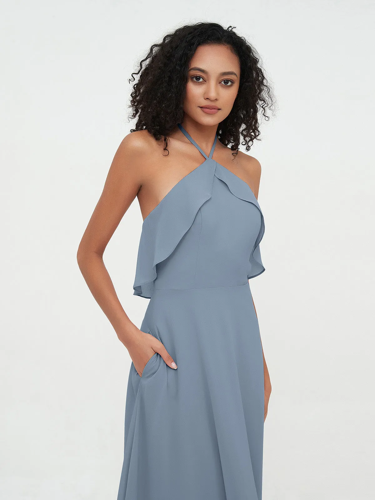 Halter Strap Chiffon Long Bridesmaid Dresses Dusty Blue