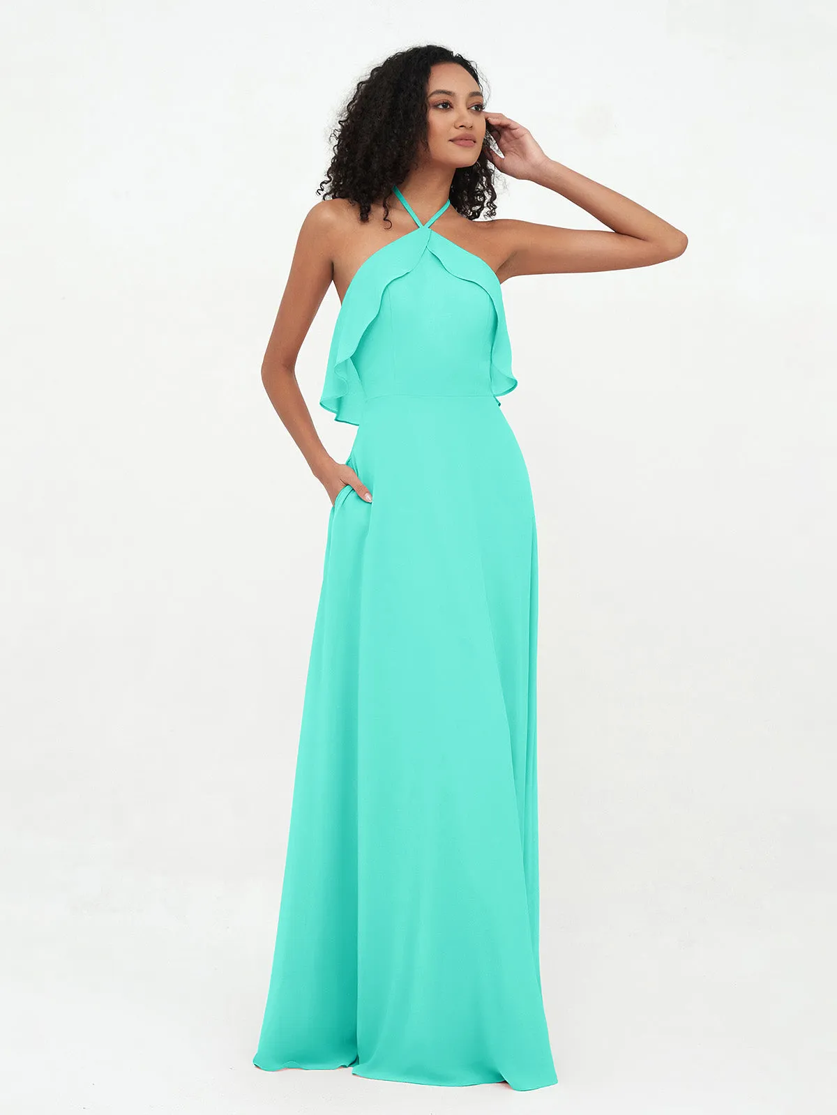 Halter Strap Chiffon Long Bridesmaid Dresses Spa Plus Size