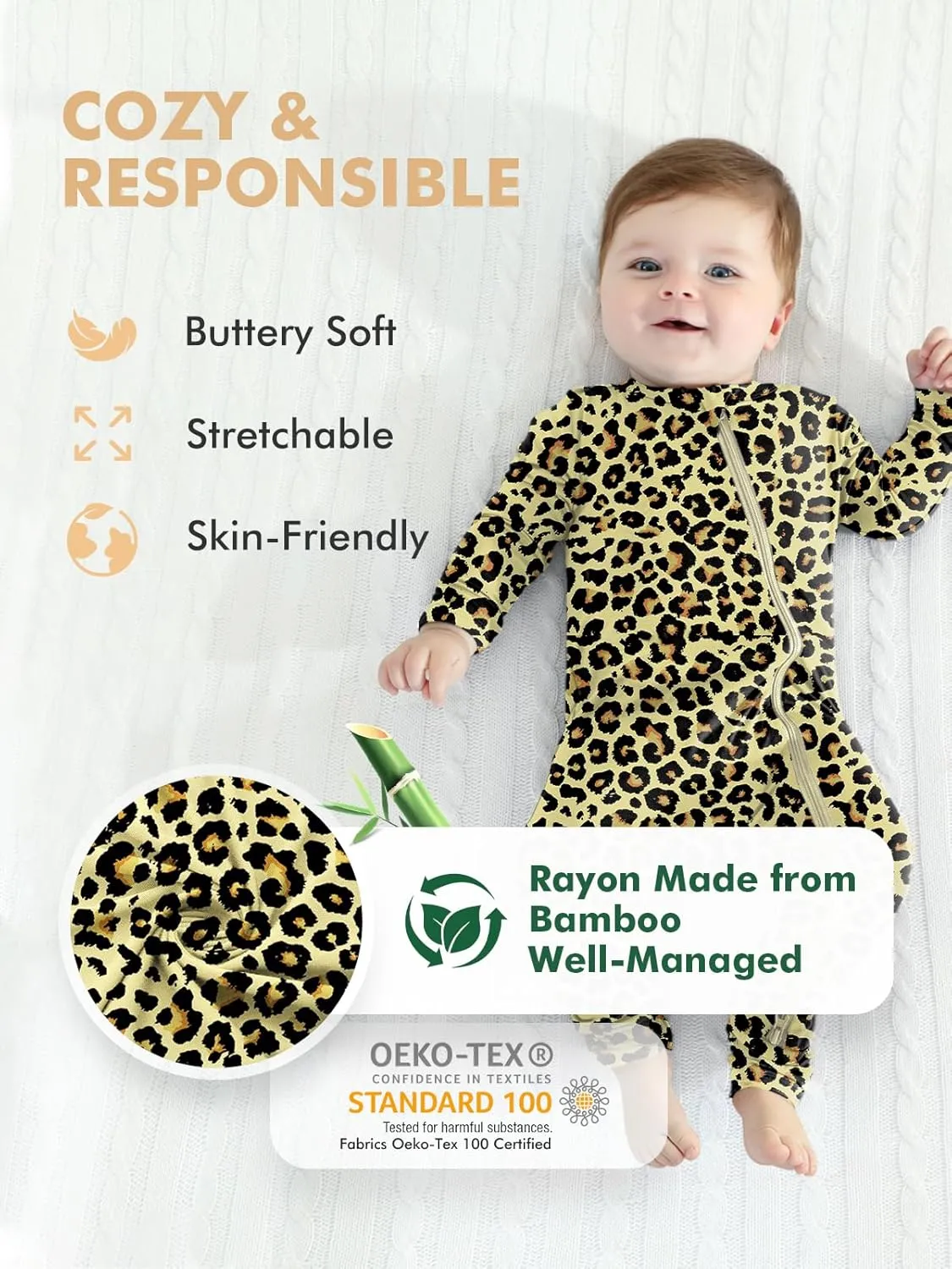 HAPIU Unisex Rayon Made from Bamboo Baby Rompers with Cuffs, 2 Way Zipper YKK, Footless Pajamas Jumpsuit