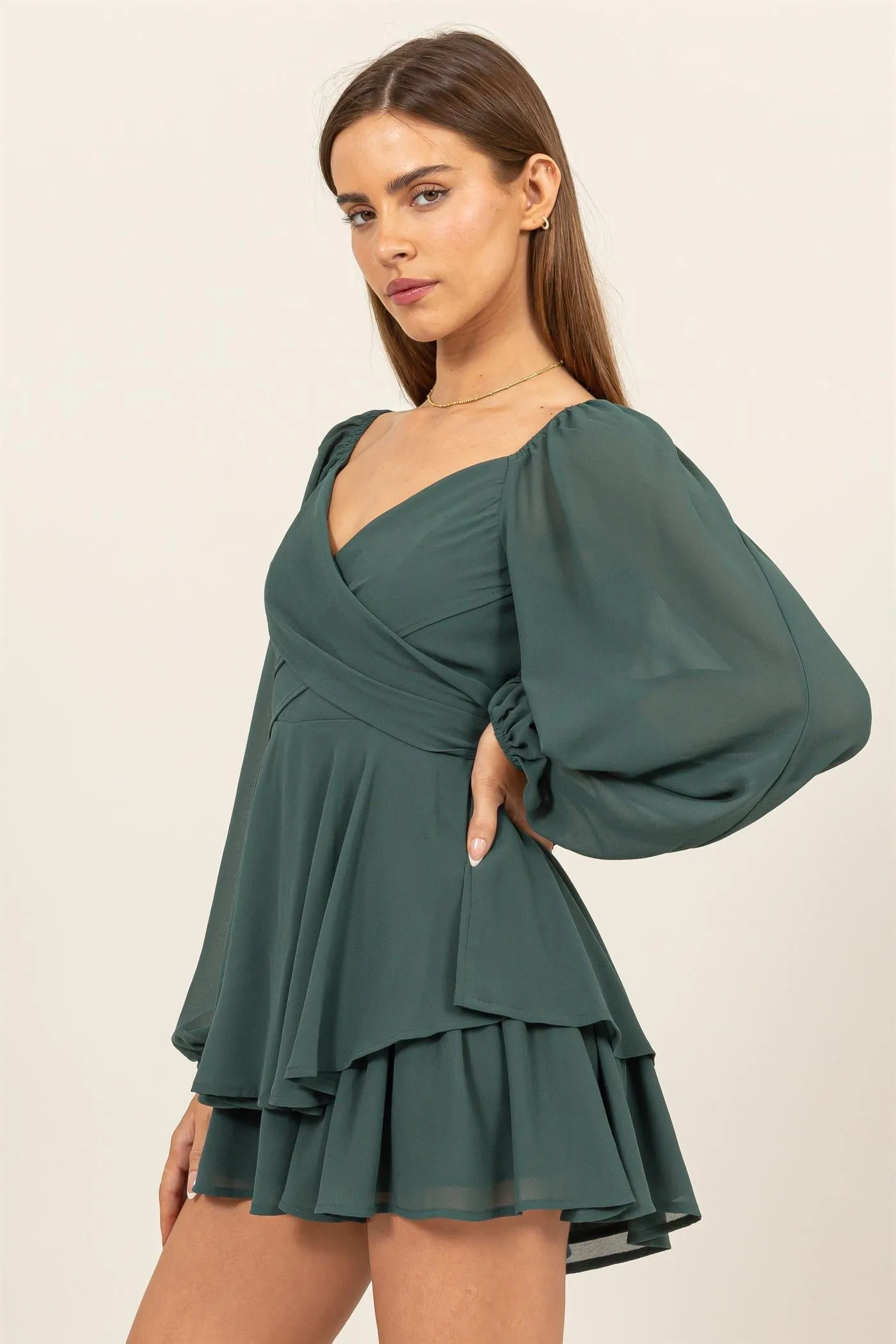 HF25A073-LONG SLEEVE LAYERED RUFFLE MINI DRESS
