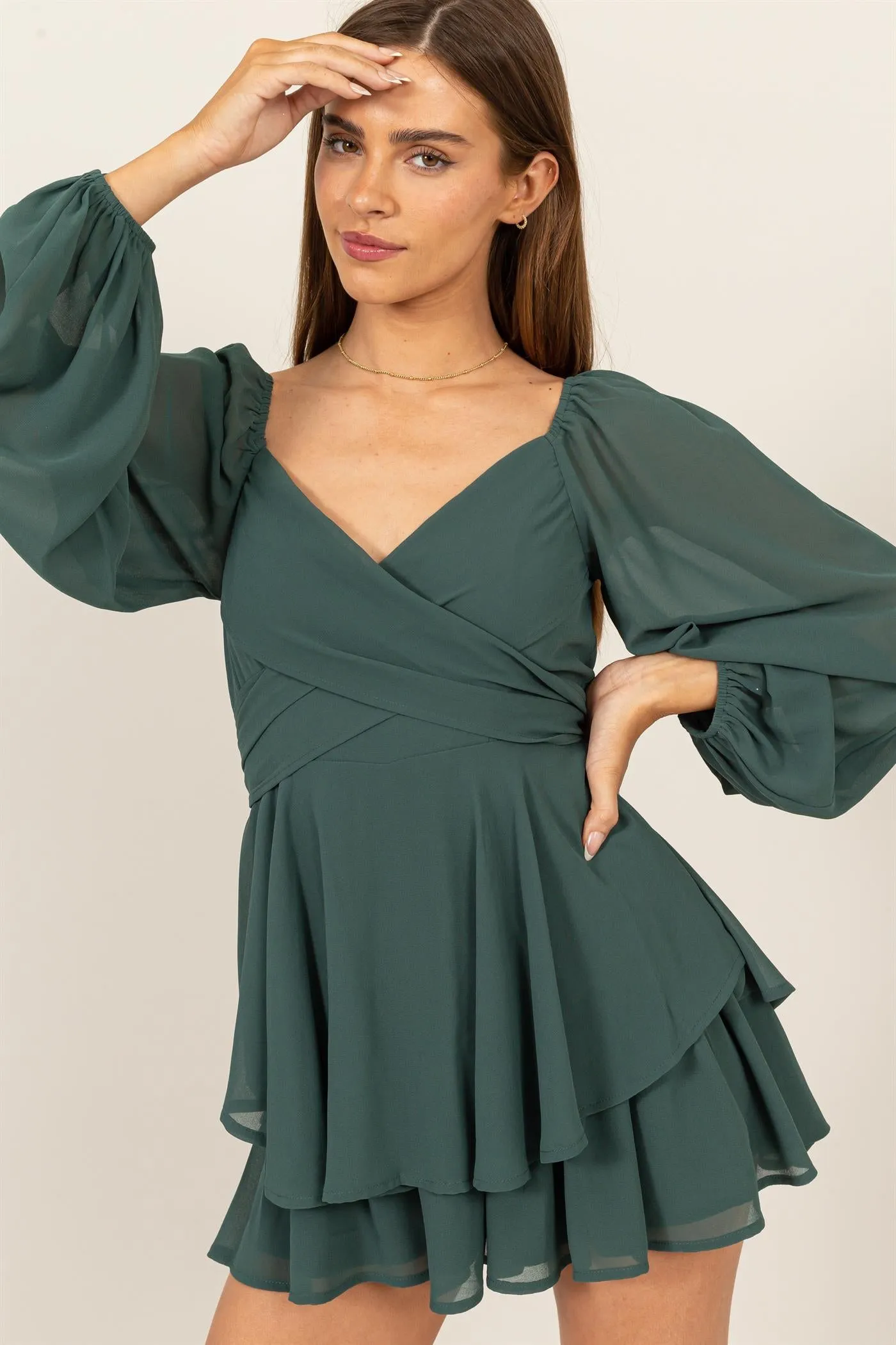 HF25A073-LONG SLEEVE LAYERED RUFFLE MINI DRESS