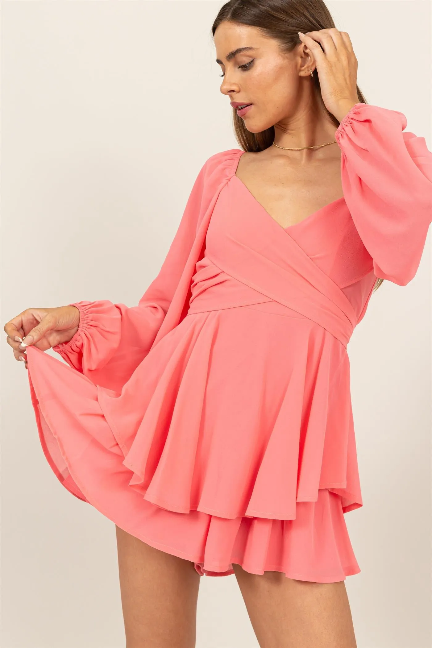 HF25A073-LONG SLEEVE LAYERED RUFFLE MINI DRESS