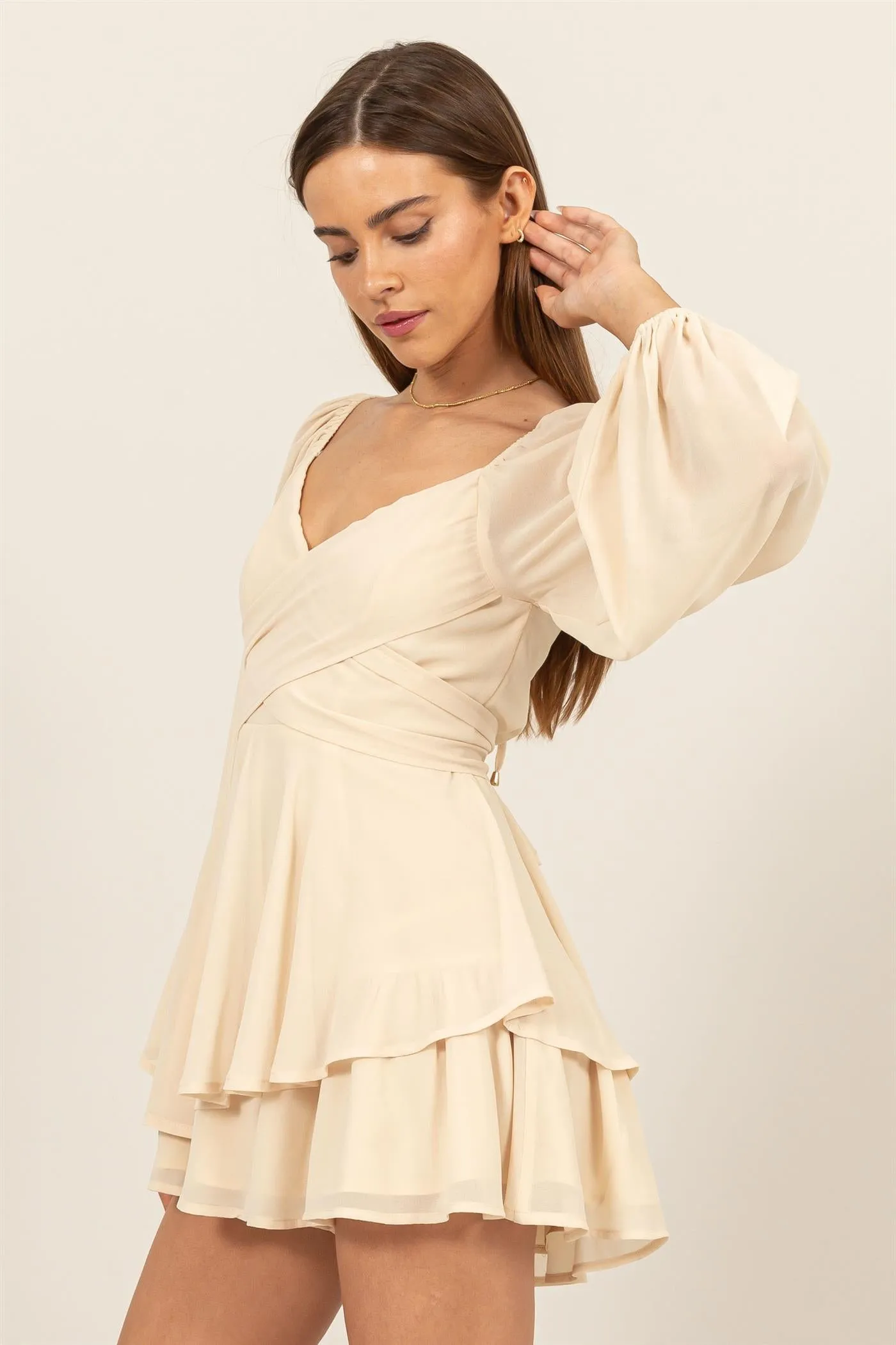 HF25A073-LONG SLEEVE LAYERED RUFFLE MINI DRESS