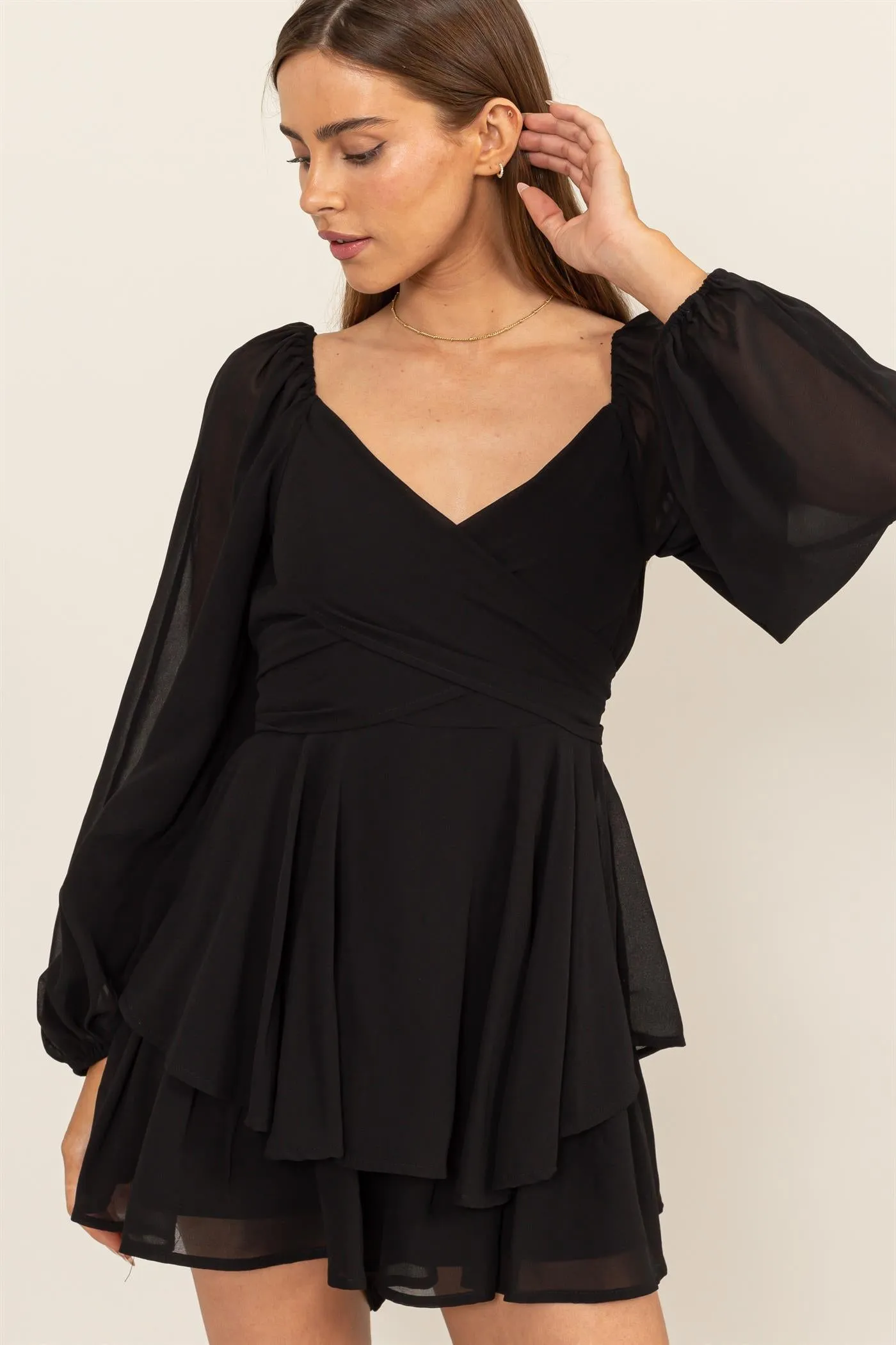 HF25A073-LONG SLEEVE LAYERED RUFFLE MINI DRESS