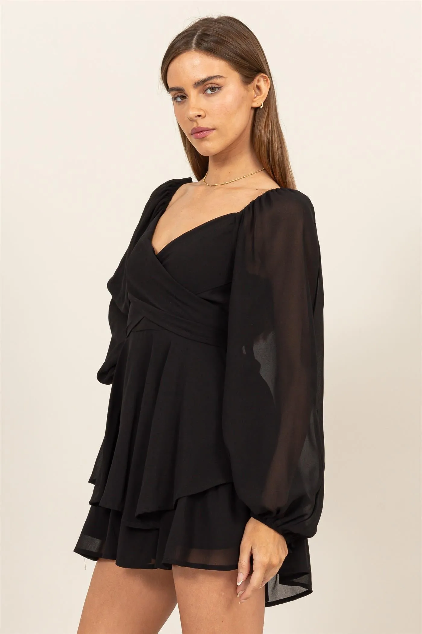 HF25A073-LONG SLEEVE LAYERED RUFFLE MINI DRESS