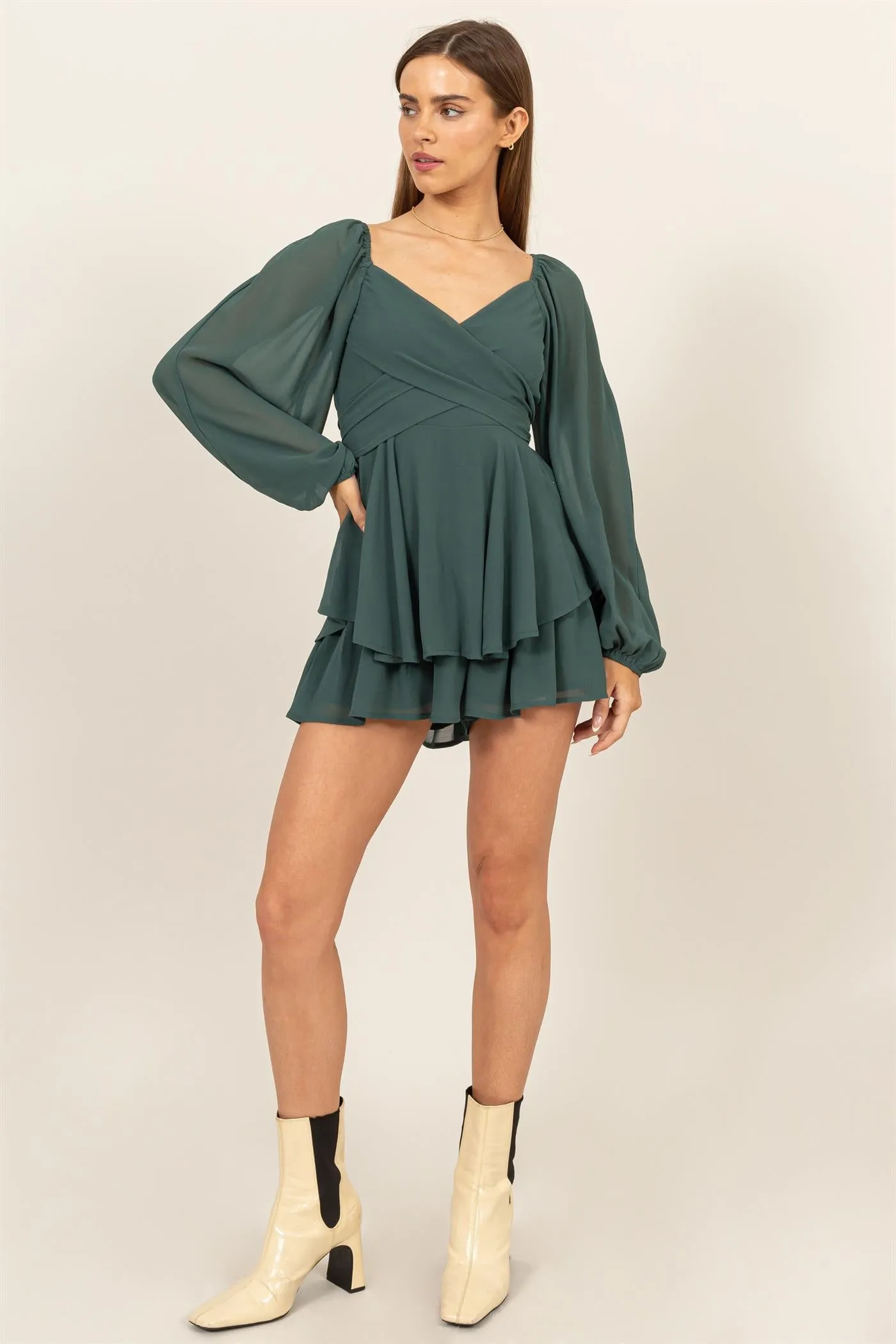 HF25A073-LONG SLEEVE LAYERED RUFFLE MINI DRESS
