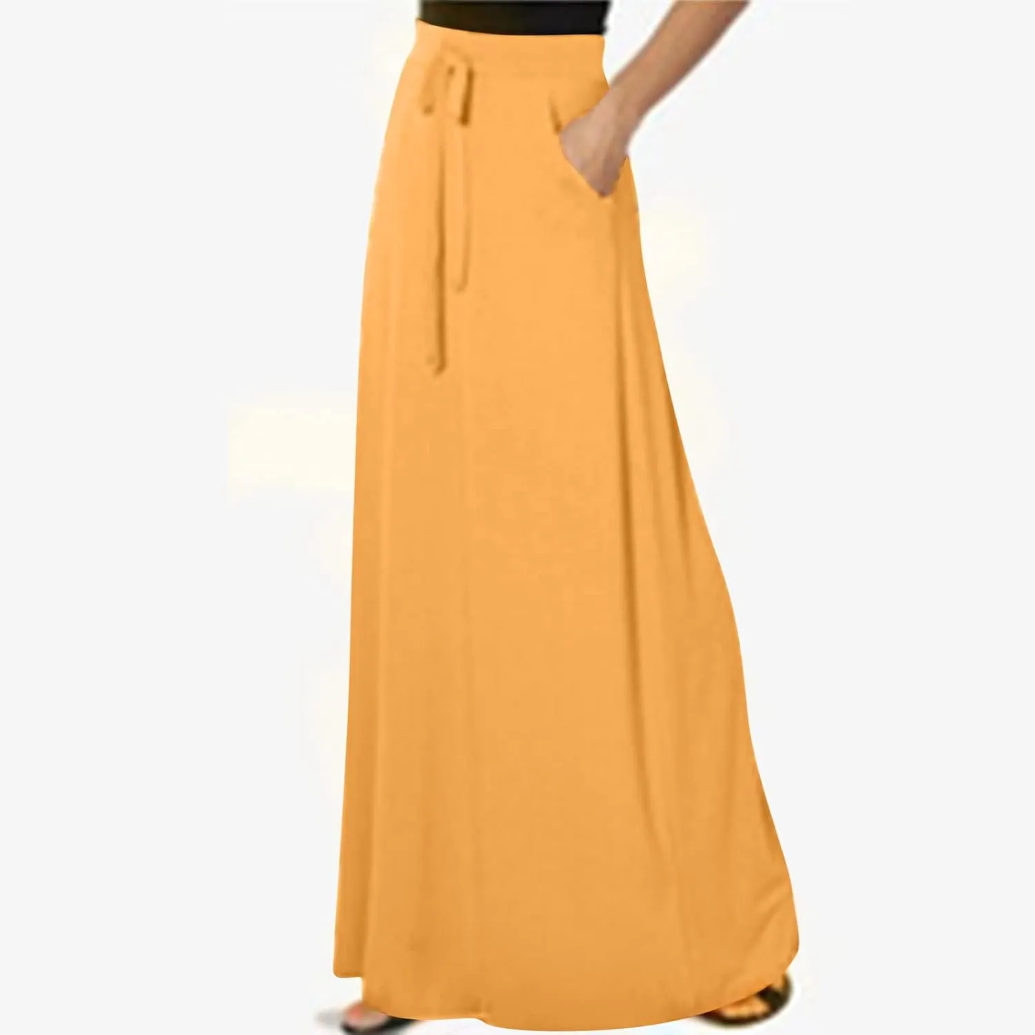 HGps8w Women's Loose Flare Maxi Skirts Elastic High Waist Drawstring Casual Solid Color Ankle Long Skirt with Pockets