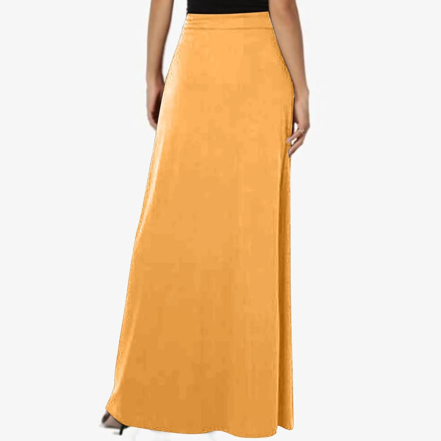 HGps8w Women's Loose Flare Maxi Skirts Elastic High Waist Drawstring Casual Solid Color Ankle Long Skirt with Pockets