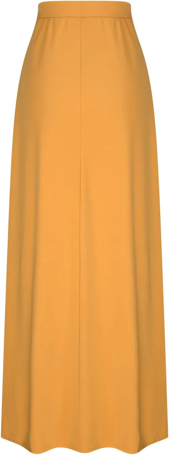 HGps8w Women's Loose Flare Maxi Skirts Elastic High Waist Drawstring Casual Solid Color Ankle Long Skirt with Pockets