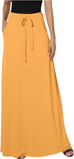 HGps8w Women's Loose Flare Maxi Skirts Elastic High Waist Drawstring Casual Solid Color Ankle Long Skirt with Pockets