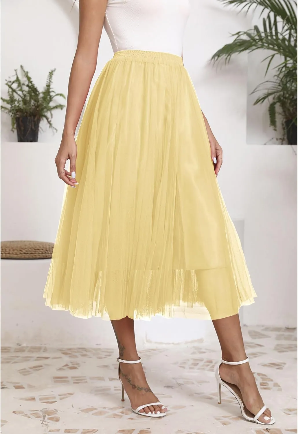 Kingfancy Women's Winter Skirts 2 Layered Tulle Tiered Long Skirts Elastic Waist A-Line Midi Skirts