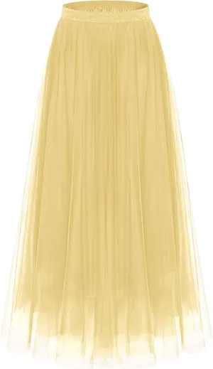 Kingfancy Women's Winter Skirts 2 Layered Tulle Tiered Long Skirts Elastic Waist A-Line Midi Skirts