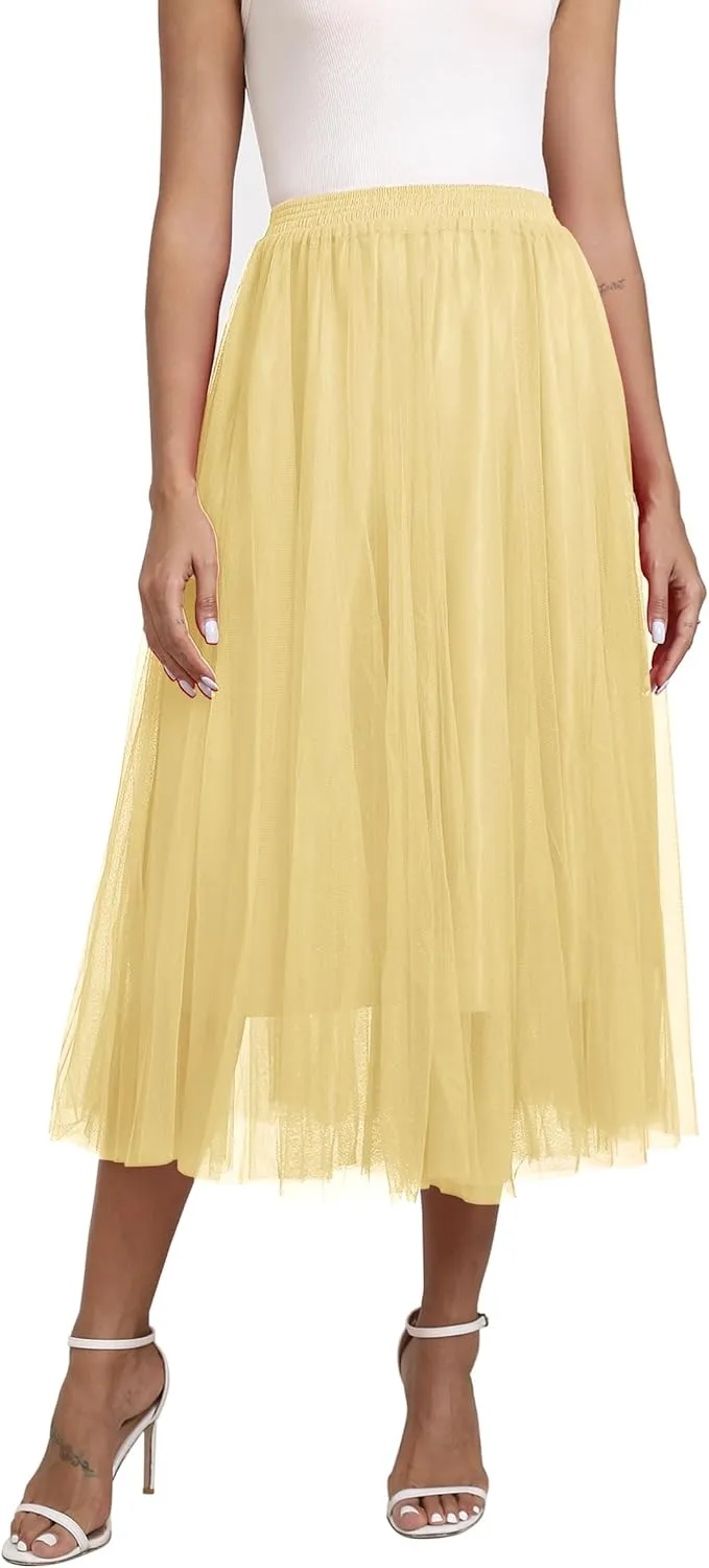 Kingfancy Women's Winter Skirts 2 Layered Tulle Tiered Long Skirts Elastic Waist A-Line Midi Skirts