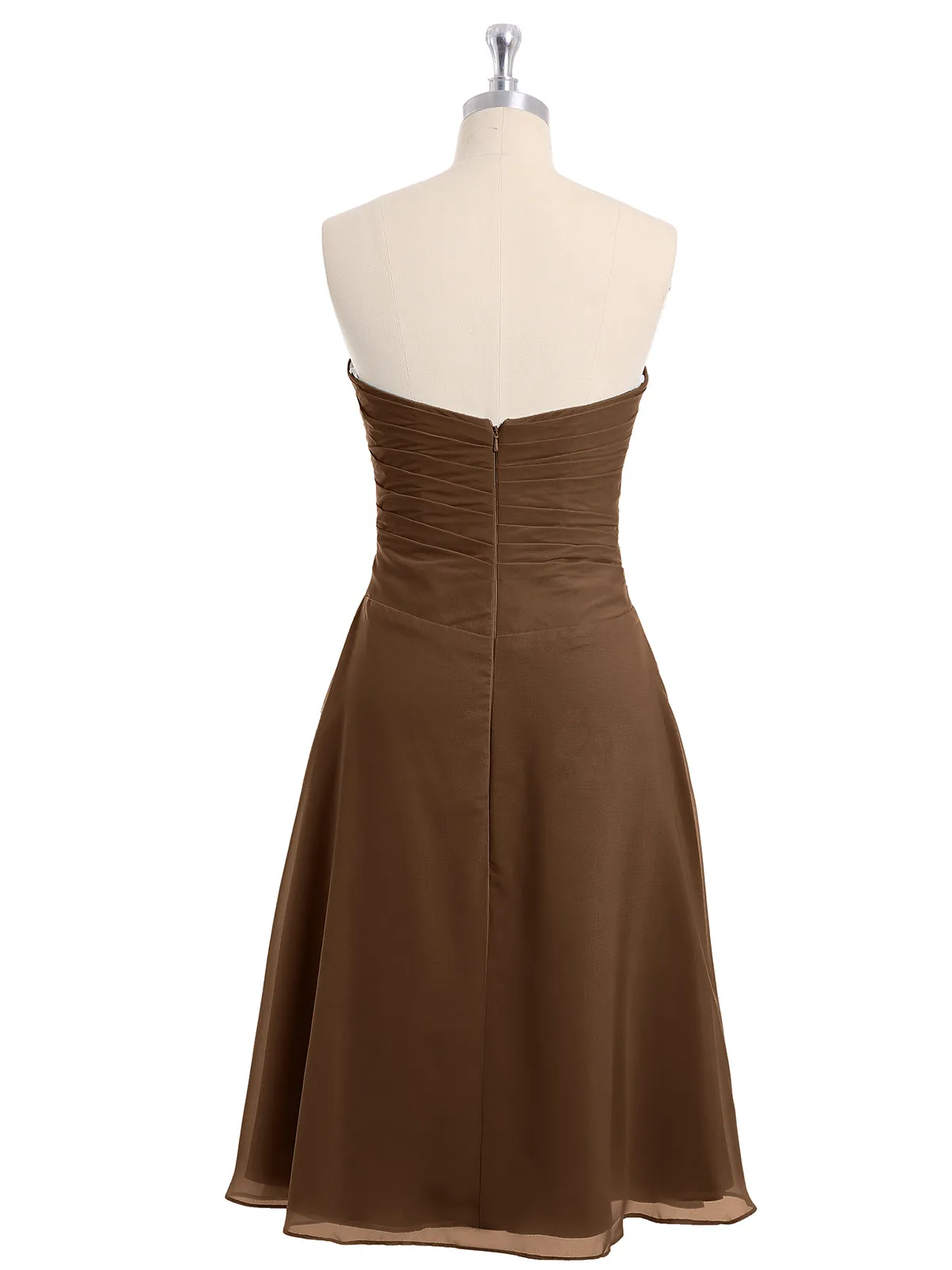 Knee Length Chiffon Dress with Sweetheart Neck-Brown