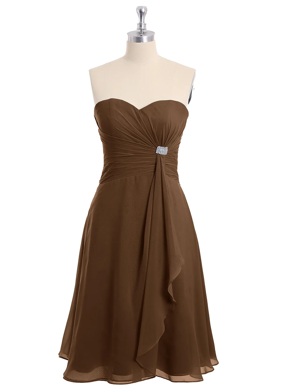 Knee Length Chiffon Dress with Sweetheart Neck-Brown