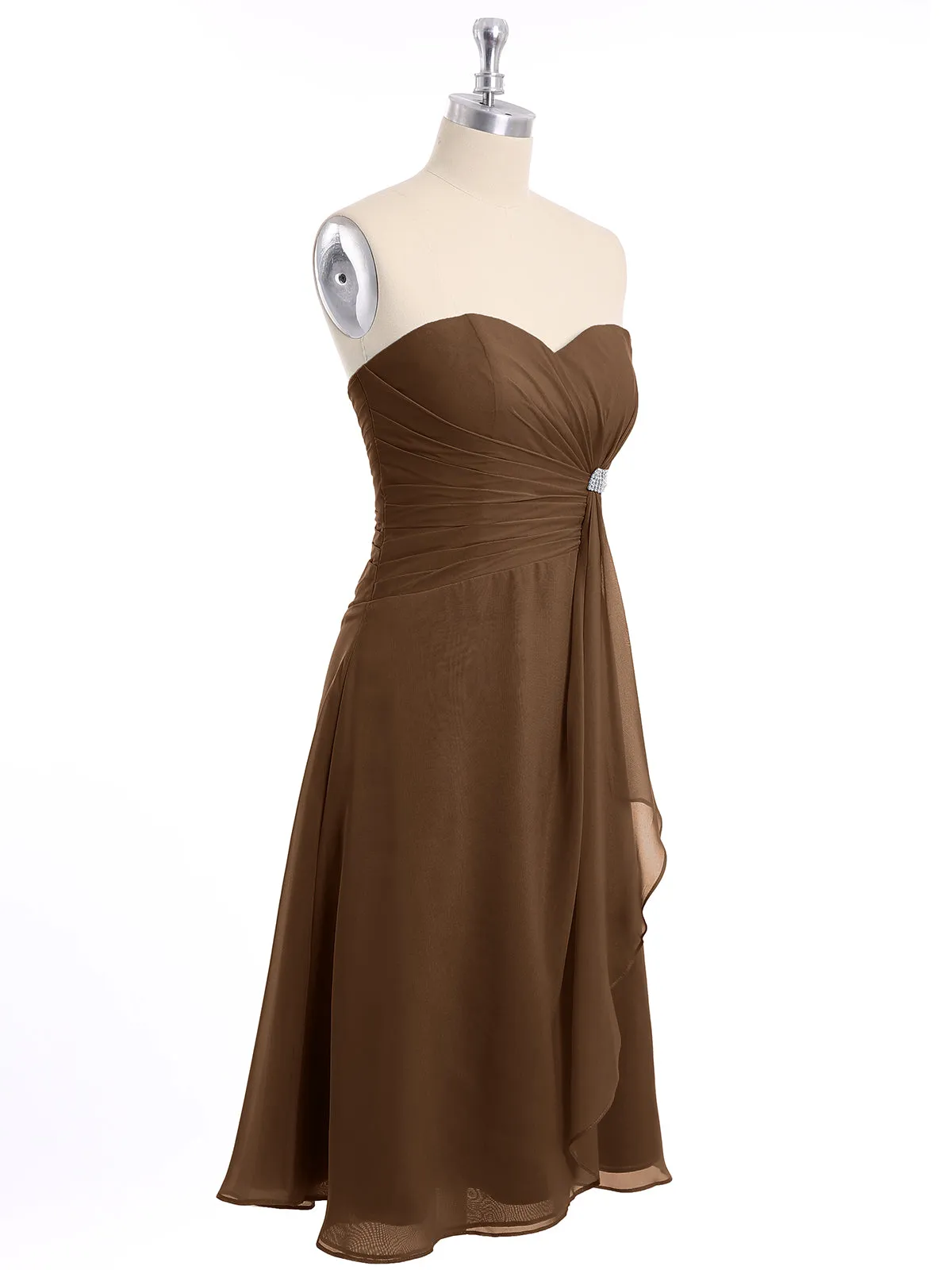 Knee Length Chiffon Dress with Sweetheart Neck-Brown