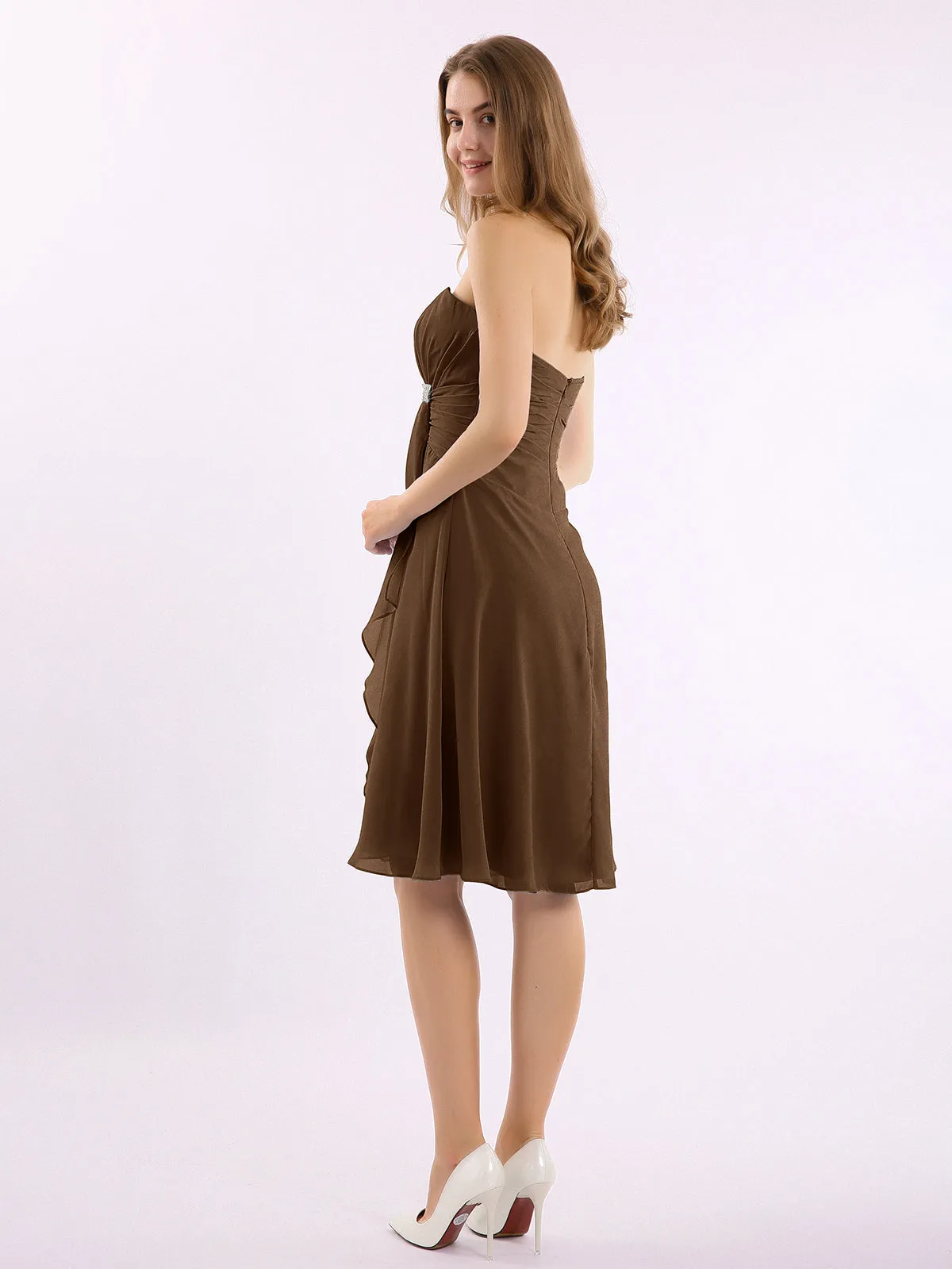 Knee Length Chiffon Dress with Sweetheart Neck-Brown
