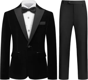Lamgool Boys Velvet Suit Slim Fit 4 Piece Tuxedo Set with Blazer Jacket Dress Shirt Pant Bow Tie Kids Wedding Formal Outfit